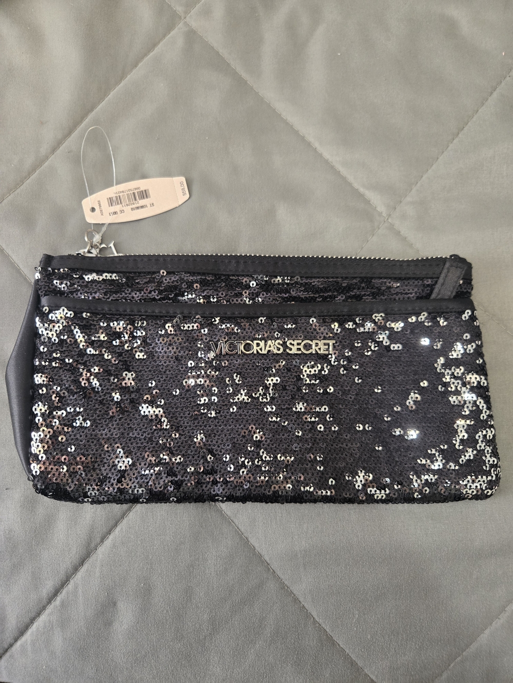 Victoria’s Secret Black Sequin Double-Zip Clutch / Cosmetic Bag – NWT